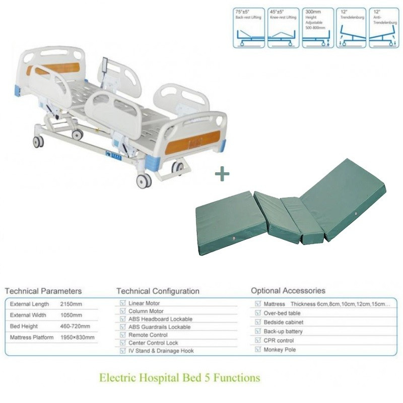 Funkcinė elektrinė ligoninės lova 5 su čiūžiniu